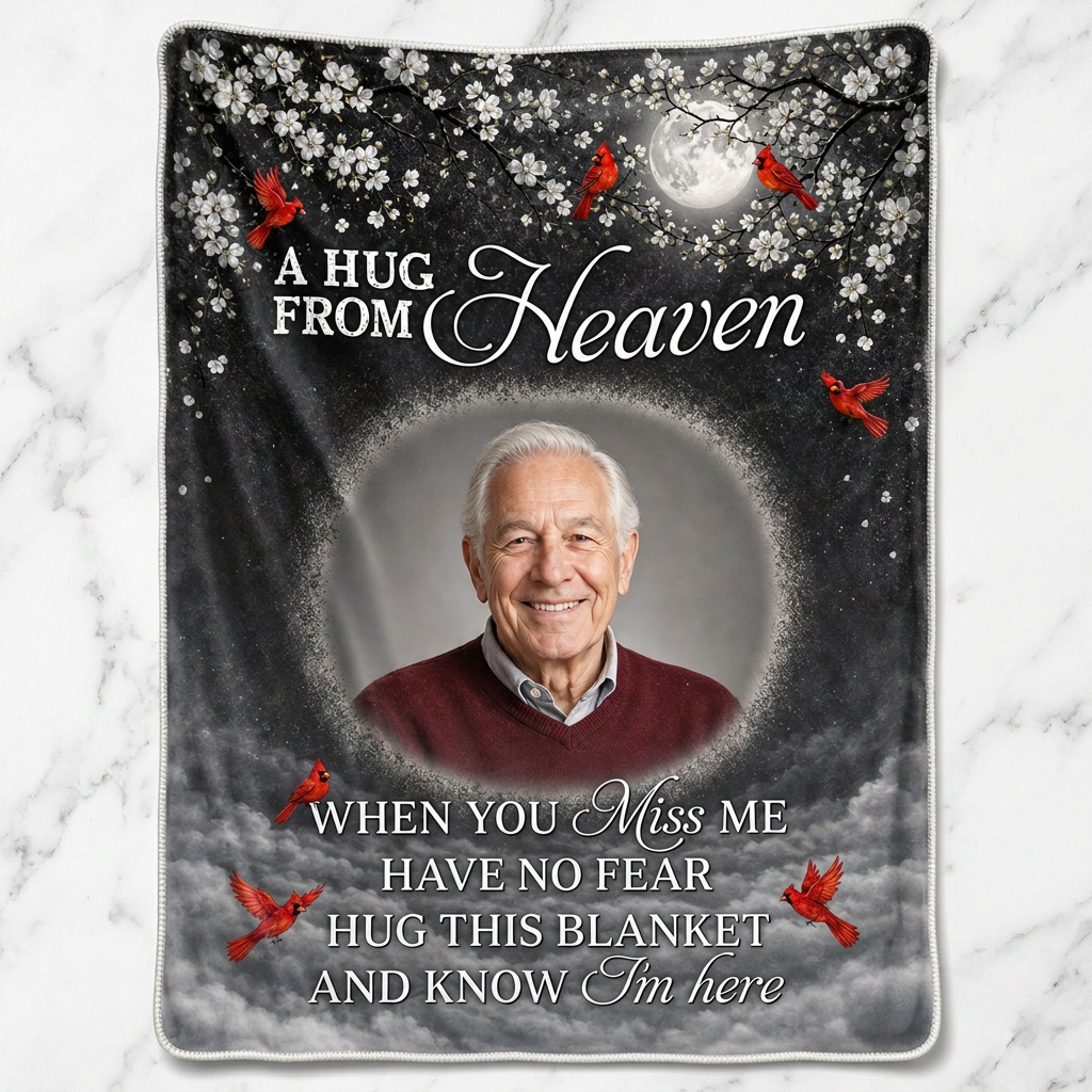 Personalized Photo Memorial Fleece Blanket - A Hug From Heaven Cardinal Sympathy Gift for Dad - Image 3