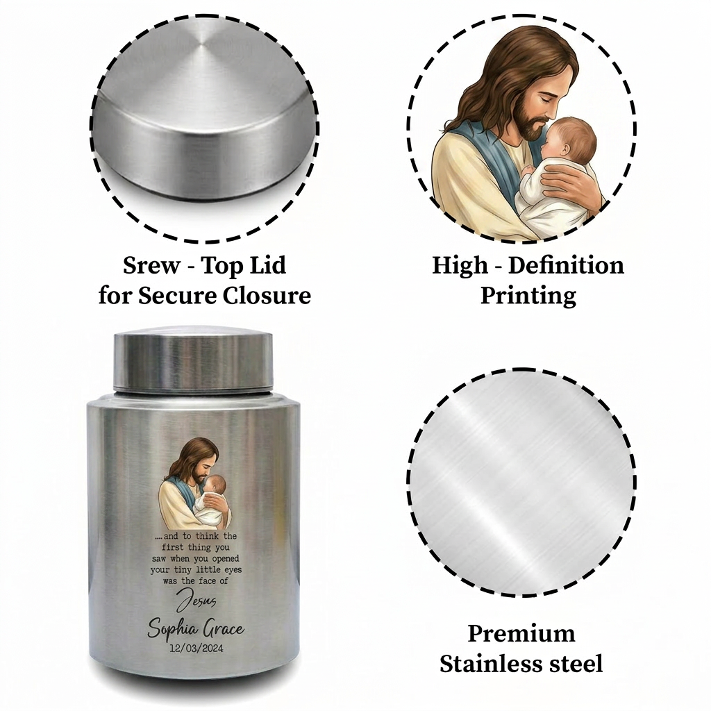 Personalized Baby of Jesus Infant Loss UV Printed Stainless Steel Urn for Child Boy Girl Miscarriage Bereavement Large Two Sizes Memorial Keepsake Urn, Memorial Gift, In Loving Memory - Image 3