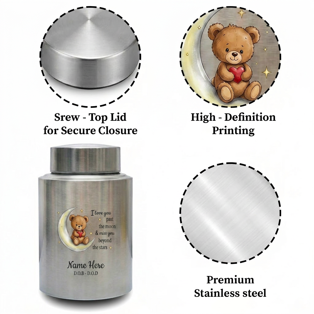Personalized Teddy Bear Crescent Moon Stars Baby Loss Stainless Steel Urn Infant Child Bereavement Custom Two Sizes Parents Family Memorial Keepsake Urn, Memorial Gift, In Loving Memory - Image 3