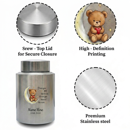 Personalized Teddy Bear Crescent Moon Stars Baby Loss Stainless Steel Urn Infant Child Bereavement Custom Two Sizes Parents Family Memorial Keepsake Urn, Memorial Gift, In Loving Memory - Image 3