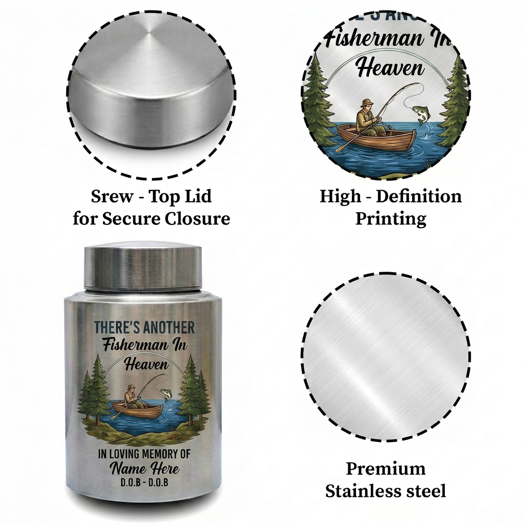 Personalized Bass Fishing Fisherman In Heaven Stainless Steel Custom Printed Urn For Dad Grandpa Husband Loss Bereavement Display 5.9in 7.5in Memorial Keepsake Urn, Memorial Gift, In Loving Memory - Image 3