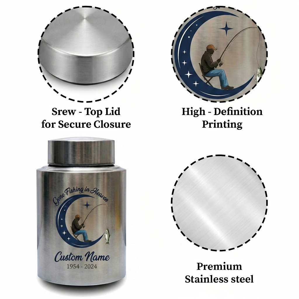 Personalized Gone Fishing in Heaven Bass Fisherman Stainless Steel Urn for Human Ashes Loss of Father Grandpa 5.9x3.9 7.5x5.1 Memorial Keepsake Urn, Memorial Gift, In Loving Memory - Image 3