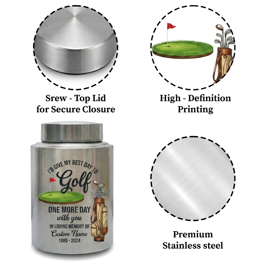 Personalized Golf Player Memorial UV Printed Stainless Steel Urn for Father Grandfather Golfer Enthusiast Adult Human Ashes 2 Sizes Memorial Keepsake Urn, Memorial Gift, In Loving Memory - Image 3
