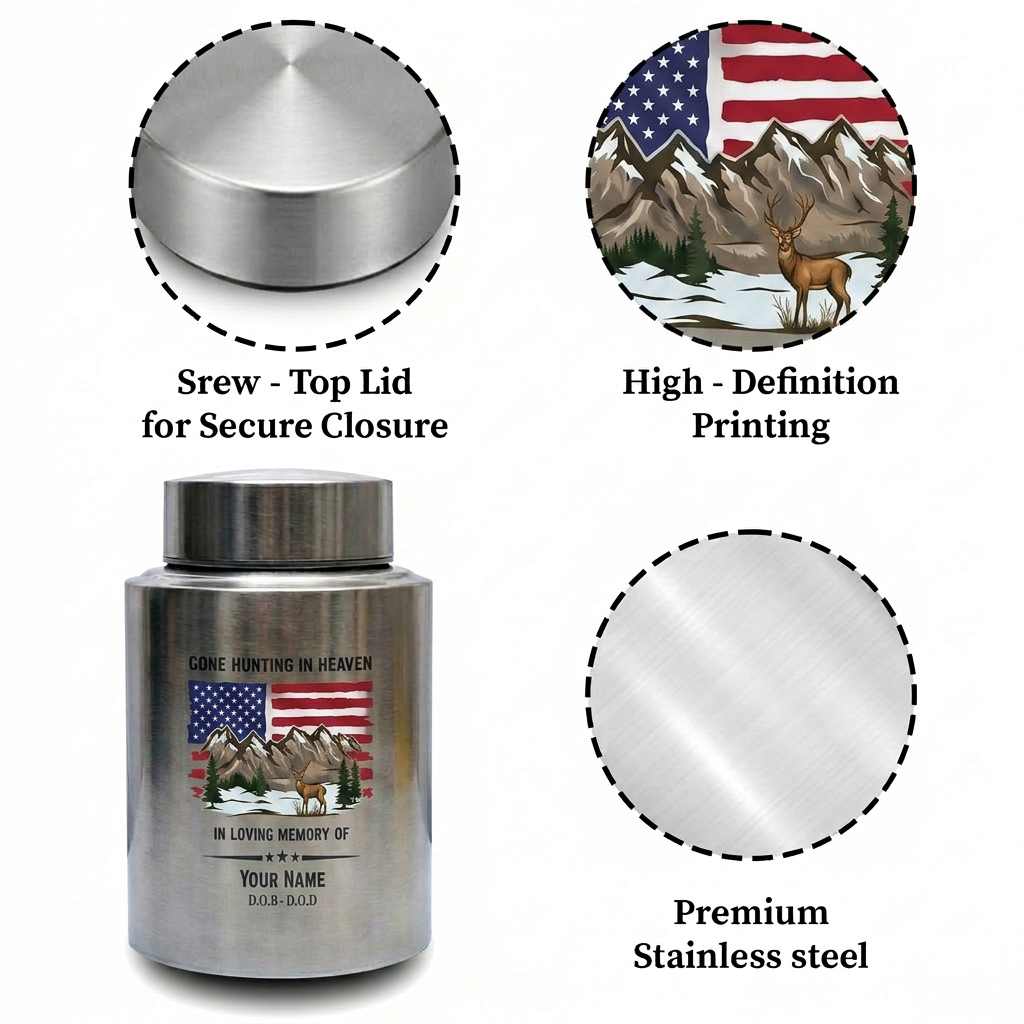 Personalized Deer Hunting Stainless Steel Gone Hunting in Heaven Outdoorsman Tribute Adult Ashes Holder for Dad Husband Hunter Large Urn Memorial Keepsake Urn, Memorial Gift, In Loving Memory - Image 3