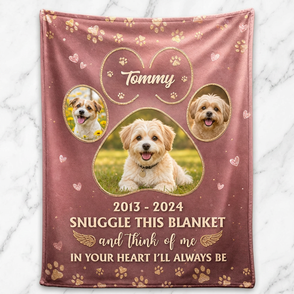 Personalized Pet Memorial Photo Fleece Blanket - Custom Dog Paw Print Remembrance Keepsake Gift - Image 3