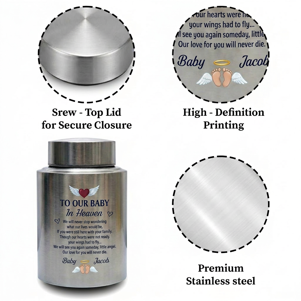 Personalized Infant Footprints Angel Wings Baby Loss Stainless Steel Urn For Grieving Parents Miscarriage Child Remembrance Small Or Large Memorial Keepsake Urn, Memorial Gift, In Loving Memory - Image 3