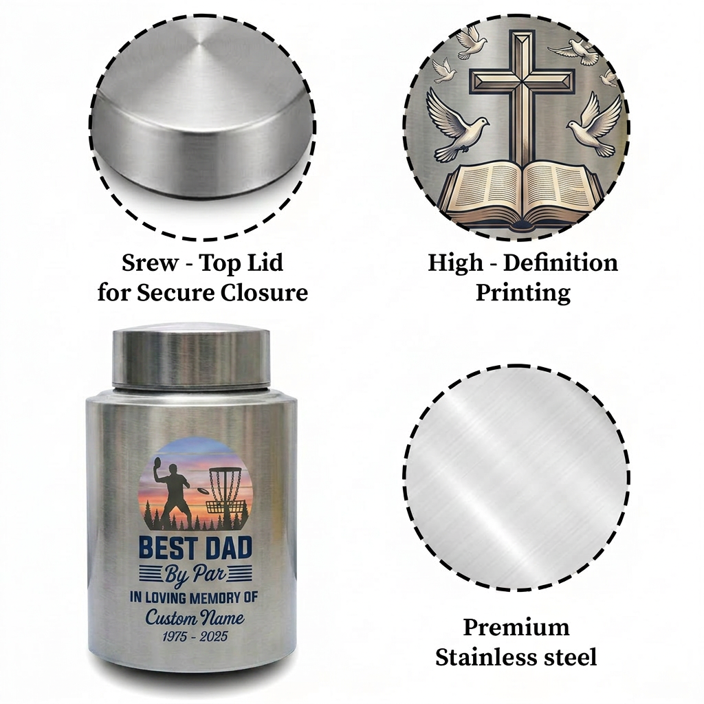 Personalized Disc Golf Dad By Par Sunset UV Printed Stainless Steel Cremation Vessel for Father Loss Sympathy Adult Ashes Small Large Sizes Memorial Keepsake Urn, Memorial Gift, In Loving Memory - Image 3