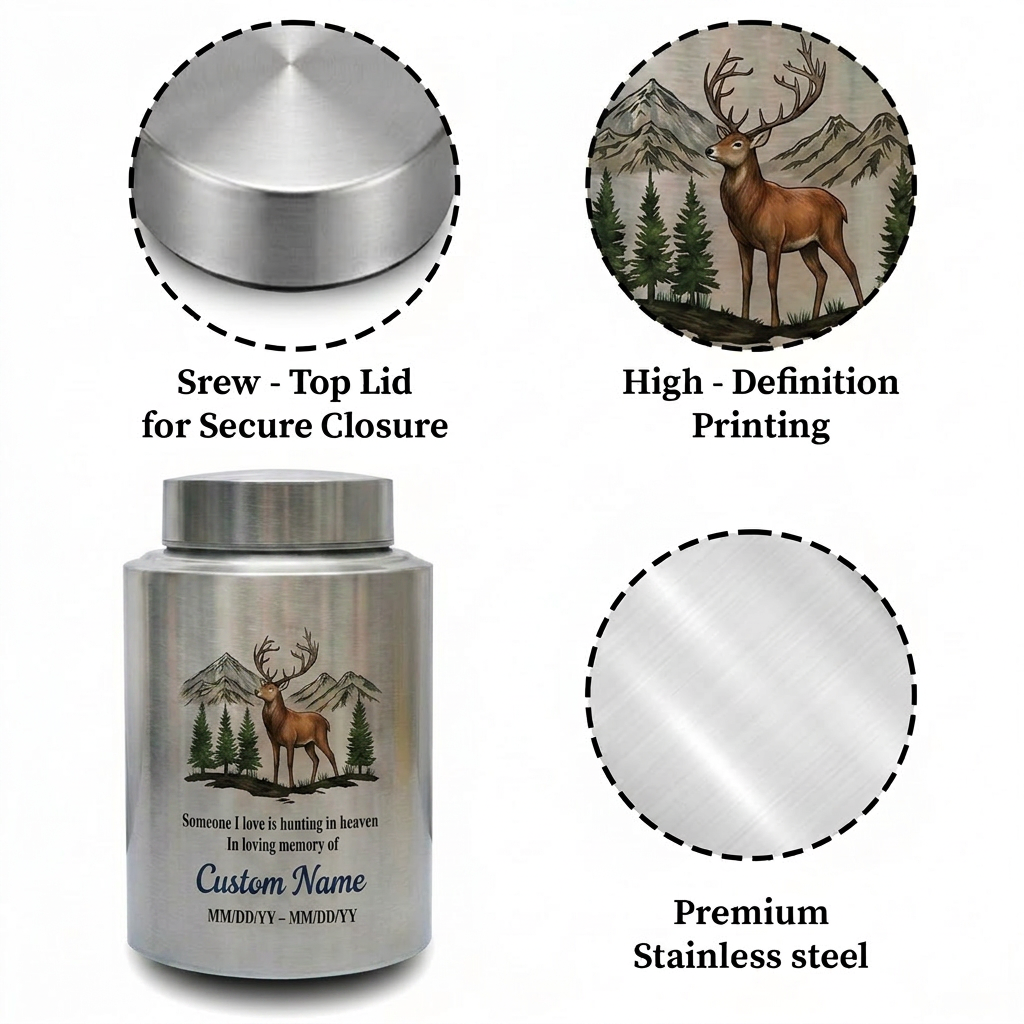 Personalized Hunting In Heaven Deer Stainless Steel Cremation Urn For Adult Ashes, Hunter Tribute, Loss Of Dad Grandpa Husband, Two Sizes, Memorial Keepsake Urn, Memorial Gift, In Loving Memory - Image 3
