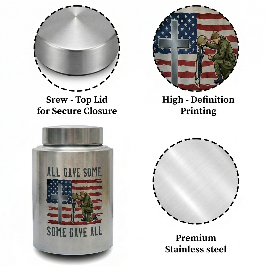 All Gave Some Veteran Kneeling Soldier American Flag Cross Stainless Steel Ash Container Military Army Navy Sympathy Bereavement Memorial Keepsake Urn, Memorial Gift, In Loving Memory - Image 3