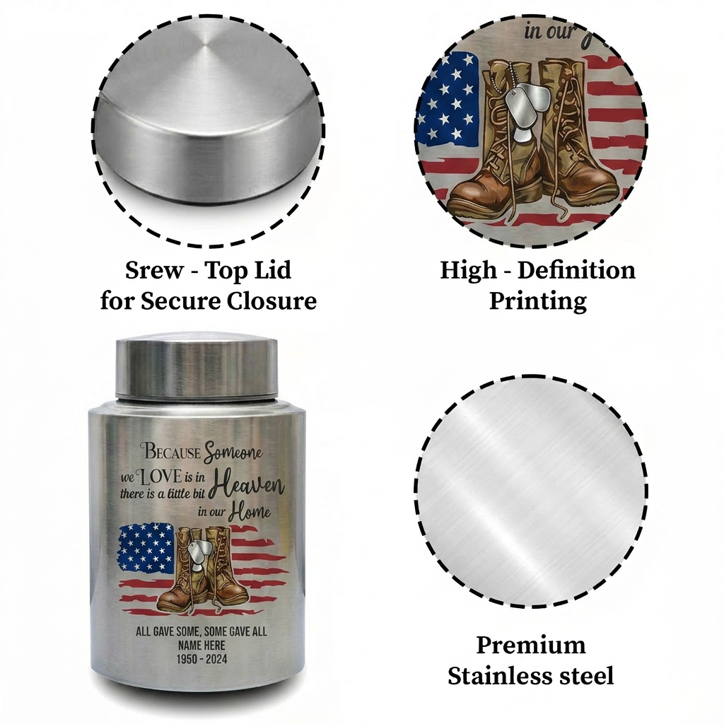 Personalized Veteran Military US Army Stainless Steel Large Urn Soldier Remembrance Tribute Home Decor Display Silver Black Gold Red Memorial Keepsake Urn, Memorial Gift, In Loving Memory - Image 3
