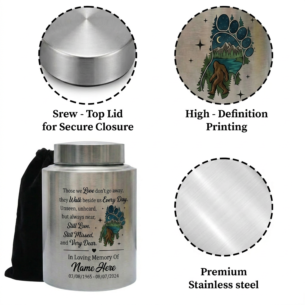 Personalized Bigfoot Sasquatch Stainless Steel Urn for Adult Human Ashes Men Father Husband Bereavement Condolence Silver Black Gold Red Memorial Keepsake Urn, Memorial Gift, In Loving Memory - Image 3