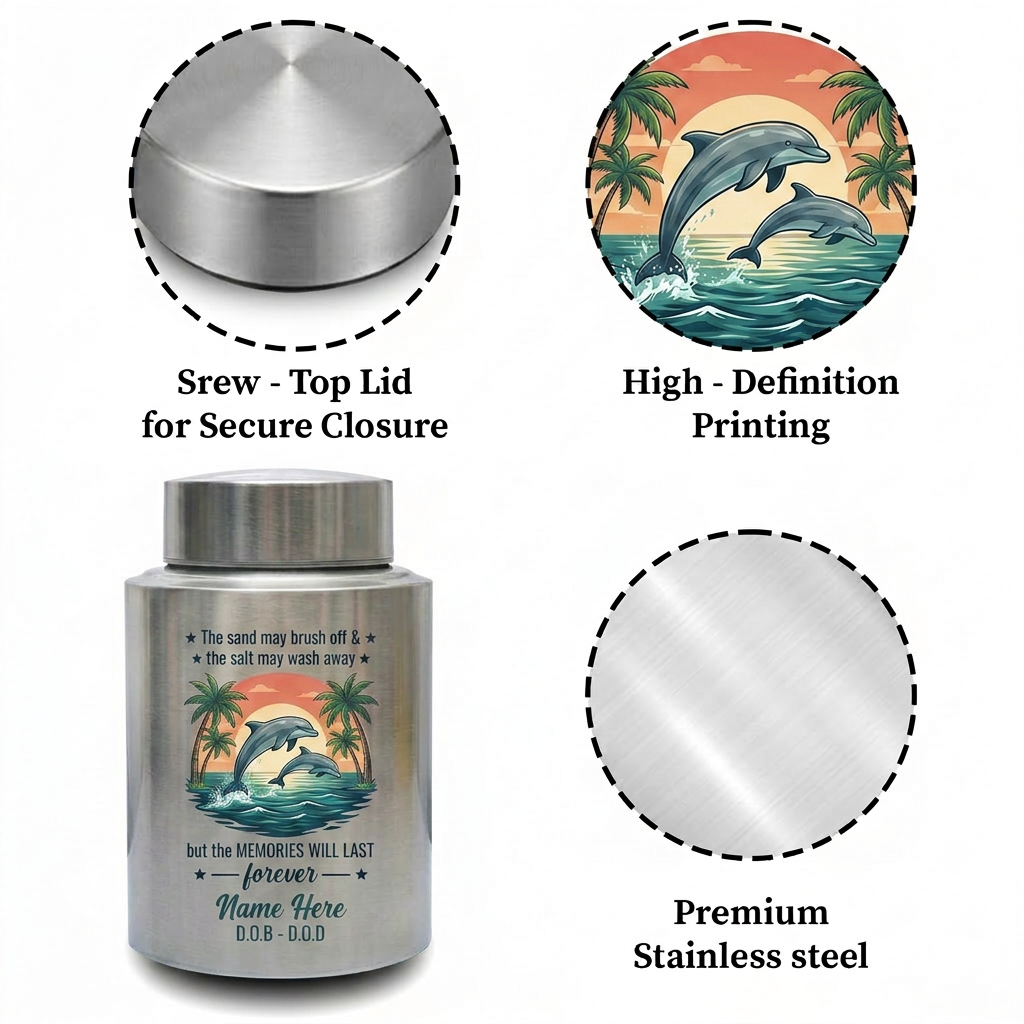 Personalized Dolphin Stainless Steel Cremation Urn for Human Ashes, Beach Ocean Lover Forever Tribute, Silver Black Gold Red Adult Mom Dad, Memorial Keepsake Urn, Memorial Gift, In Loving Memory - Image 3