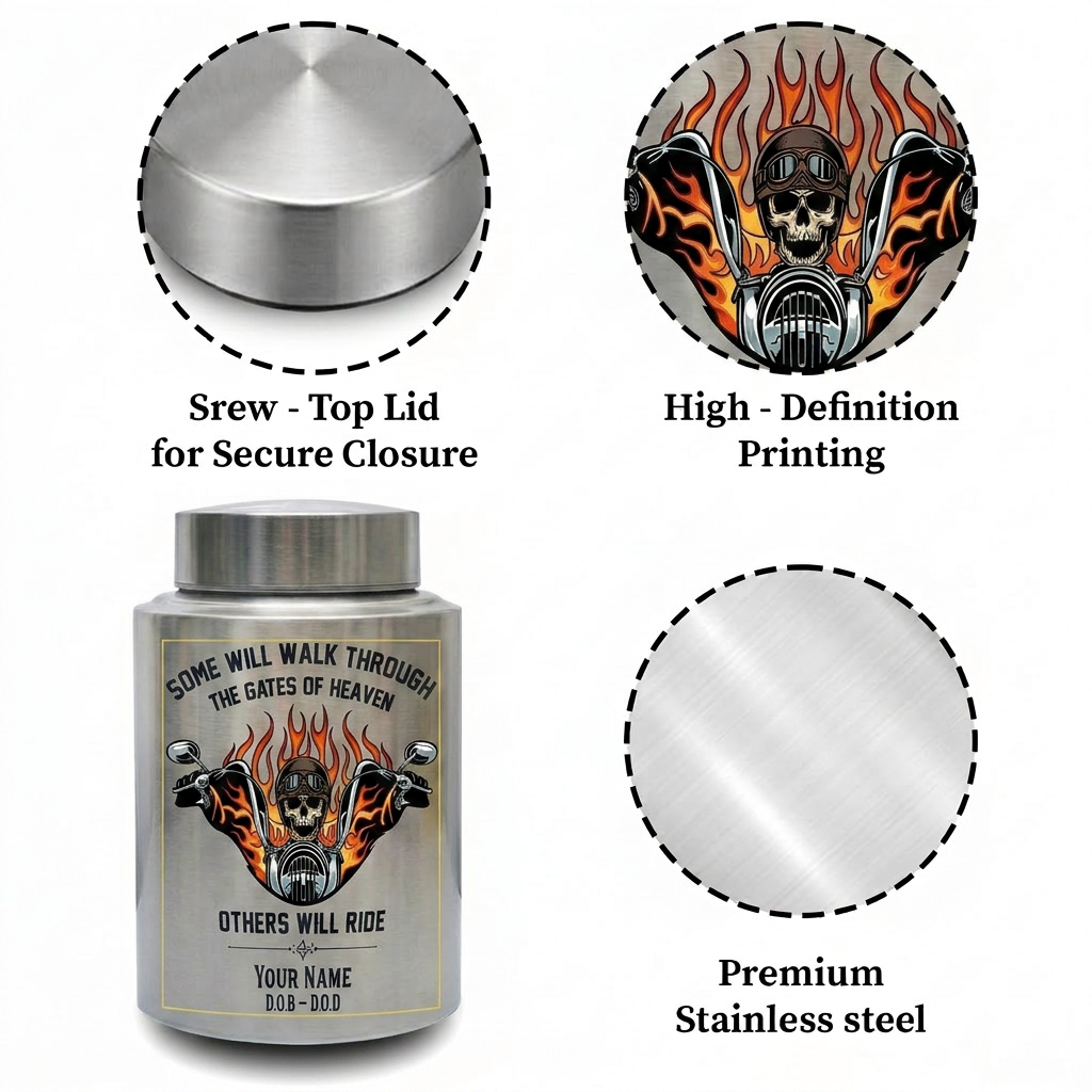 Personalized Motorcycle Riding in Heaven UV Printed Stainless Steel Urn for Adult Male Dad Biker Human Ashes Silver Black Gold Red Decorative Memorial Keepsake Urn, Memorial Gift, In Loving Memory - Image 3