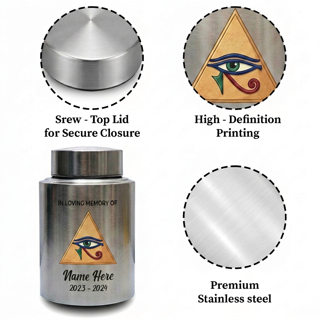 Personalized Eye of Horus Hamsa Hand Evil Eye Large Stainless Steel Cremation Urn for Human Ashes Spiritual Tribute 2 Sizes Memorial Keepsake Urn, Memorial Gift, In Loving Memory - Image 3