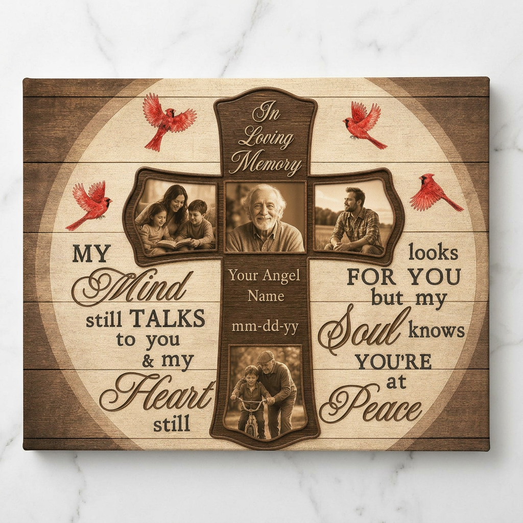 Personalized Memorial Photo Canvas Wall Art Cross Cardinal Sympathy Gift - Image 3