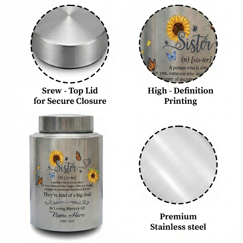 Personalized Sunflower Butterfly Sister Memorial Stainless Steel UV Print Urn for Loss of Best Friend Sister-in-Law Bereavement Tribute 2 Sizes Memorial Keepsake Urn, Memorial Gift, In Loving Memory - Image 3