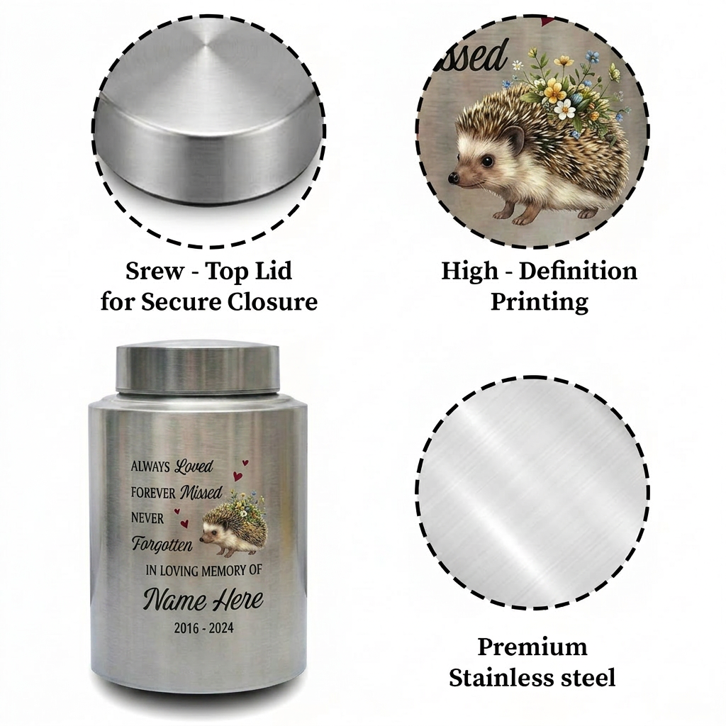 Personalized Hedgehog Floral Silhouette Stainless Steel Pet Urns for Ashes, Dog Cat Loss Sympathy Remembrance Gifts for Animal Lovers, Memorial Keepsake Urn, Memorial Gift, In Loving Memory - Image 3