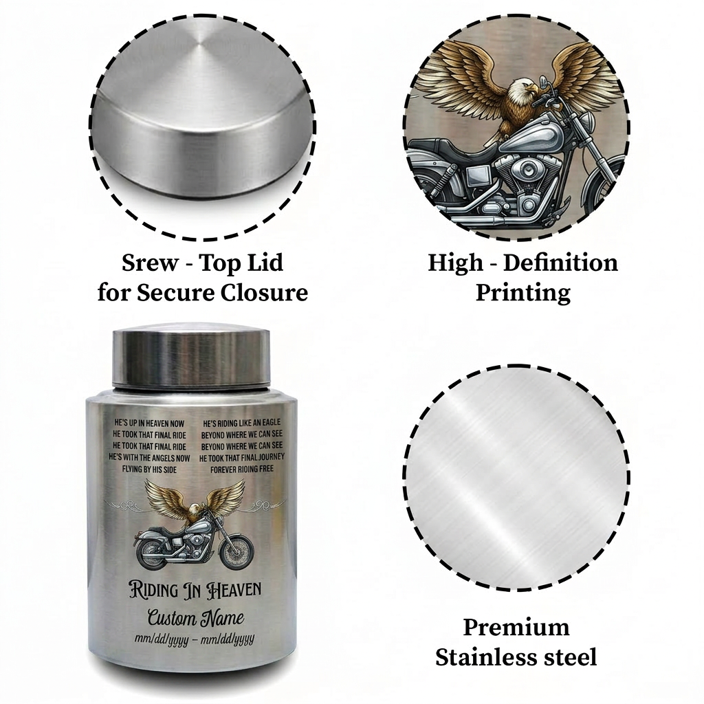 Personalized Motorcycle Riding in Heaven Stainless Steel Urn for Dad Biker Adult Male, Decorative Ash Container Small 5.9x3.9 Large 7.5x5.1, Memorial Keepsake Urn, Memorial Gift, In Loving Memory - Image 3