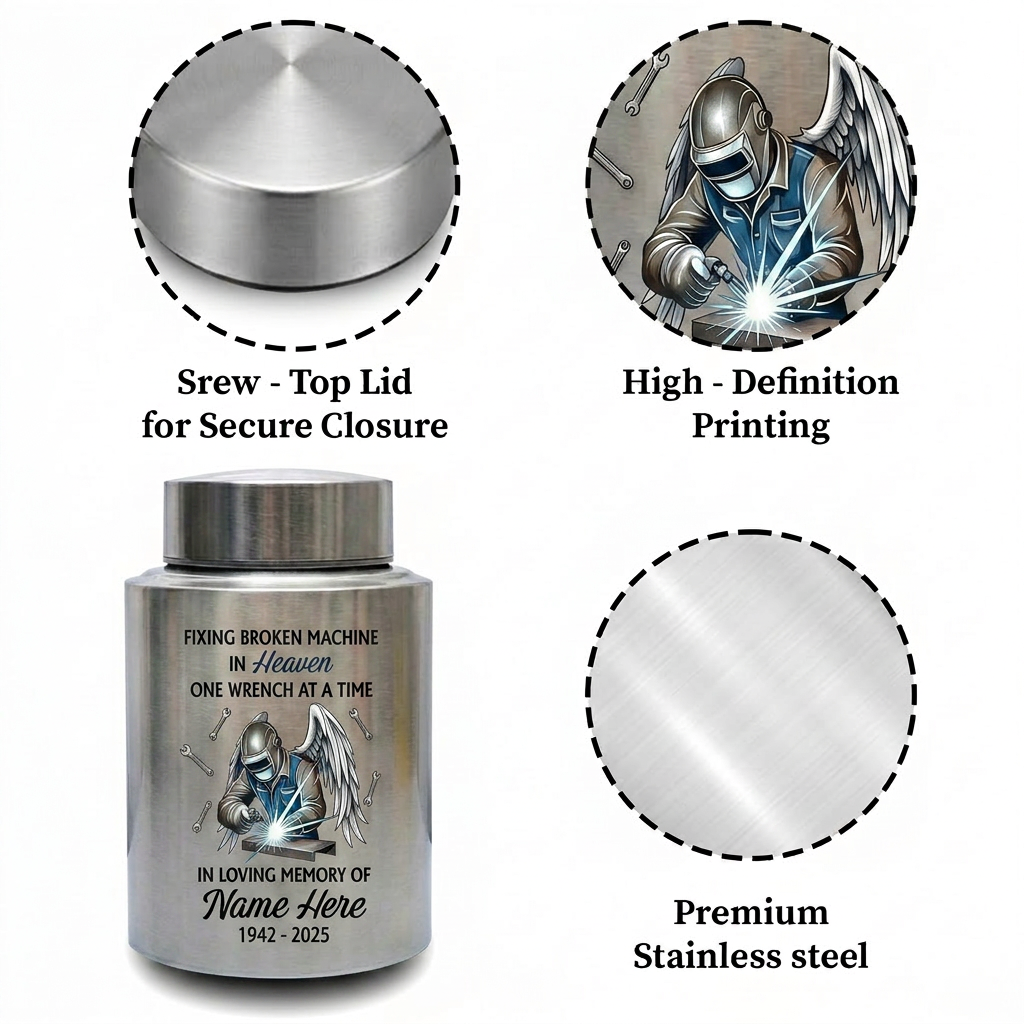 Personalized Mechanic Fixing Broken Machine In Heaven Stainless Steel Urn for Dad Father Grandpa Men Human Ashes Small Large Memorial Keepsake Urn, Memorial Gift, In Loving Memory - Image 3