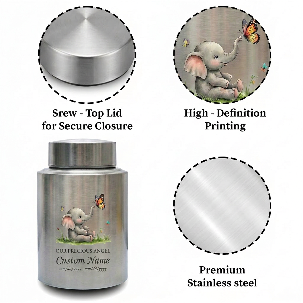 Personalized Baby Elephant Stainless Steel UV Printed Infant Loss Our Precious Angel Baby Boy Girl Child Ashes Large Small Metal Cremation Urns Memorial Keepsake Urn, Memorial Gift, In Loving Memory - Image 3