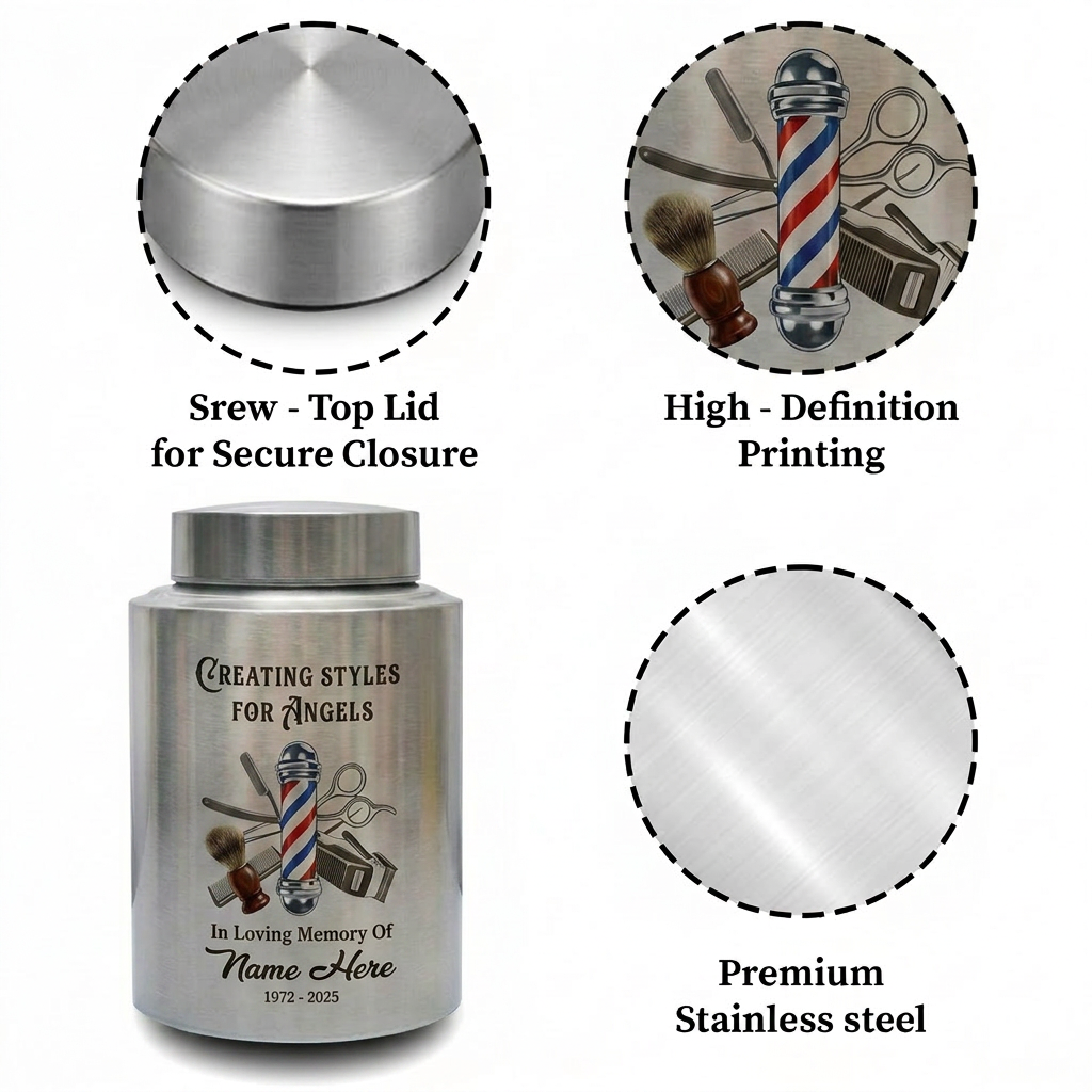 Personalized Master Barber Hair Stylist UV Printed Stainless Steel Urn for Ashes Cosmetologist Sympathy Bereavement Large Silver Black Gold Red Memorial Keepsake Urn, Memorial Gift, In Loving Memory - Image 3