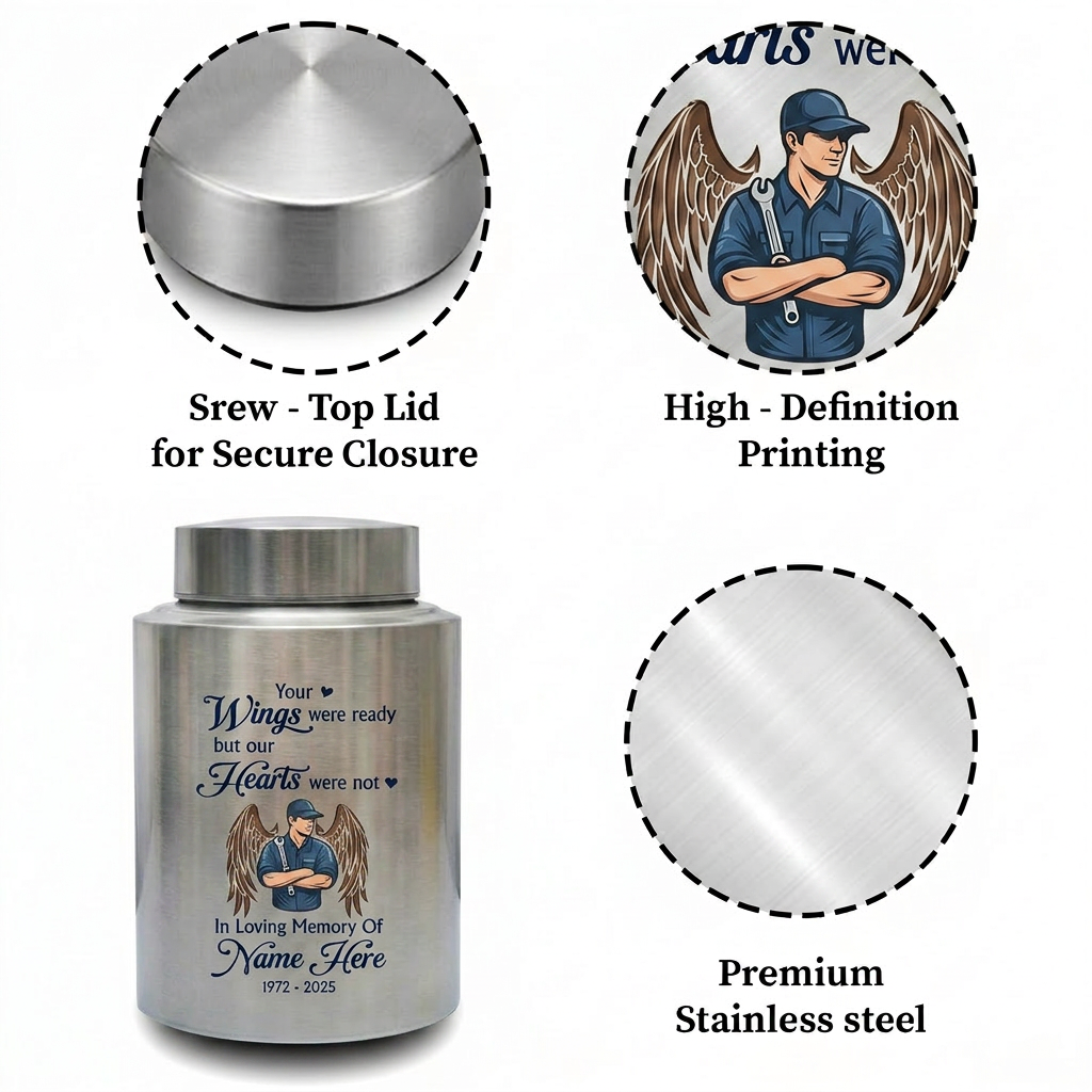 Personalized Mechanic Wings Were Ready But Our Hearts Were Not UV Printed Ash Holder For Dad Father Husband Loss Support Memorial Keepsake Urn, Memorial Gift, In Loving Memory - Image 3