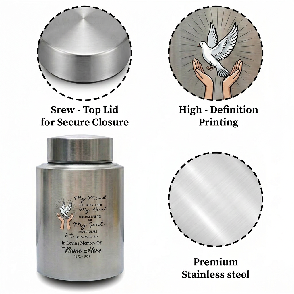 Personalized Peace Dove Hands Releasing Birds UV Print Stainless Steel Cremation Urn for Human Ashes Sympathy Grief Loss Small Large Memorial Keepsake Urn, Memorial Gift, In Loving Memory - Image 3