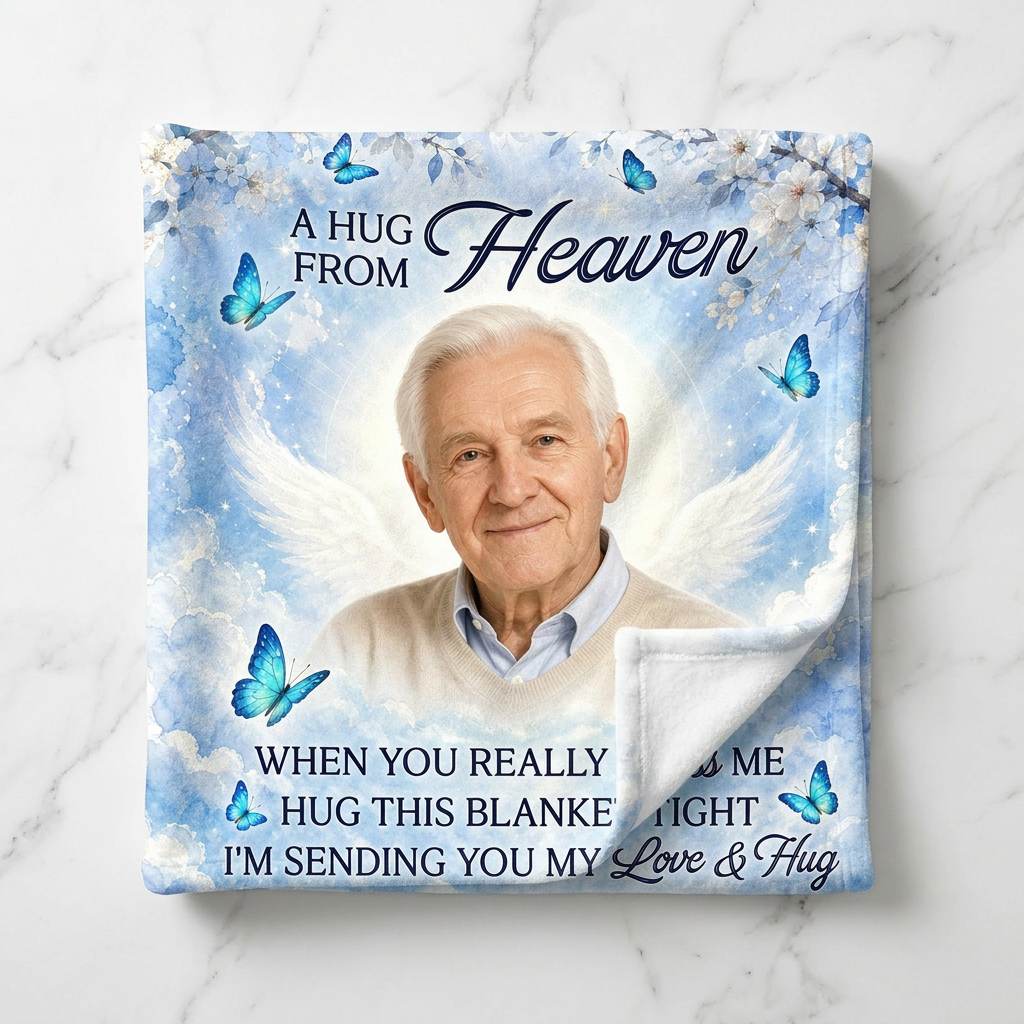 Personalized Memorial Photo Fleece Blanket - A Hug From Heaven Sympathy Remembrance Gift - Image 3