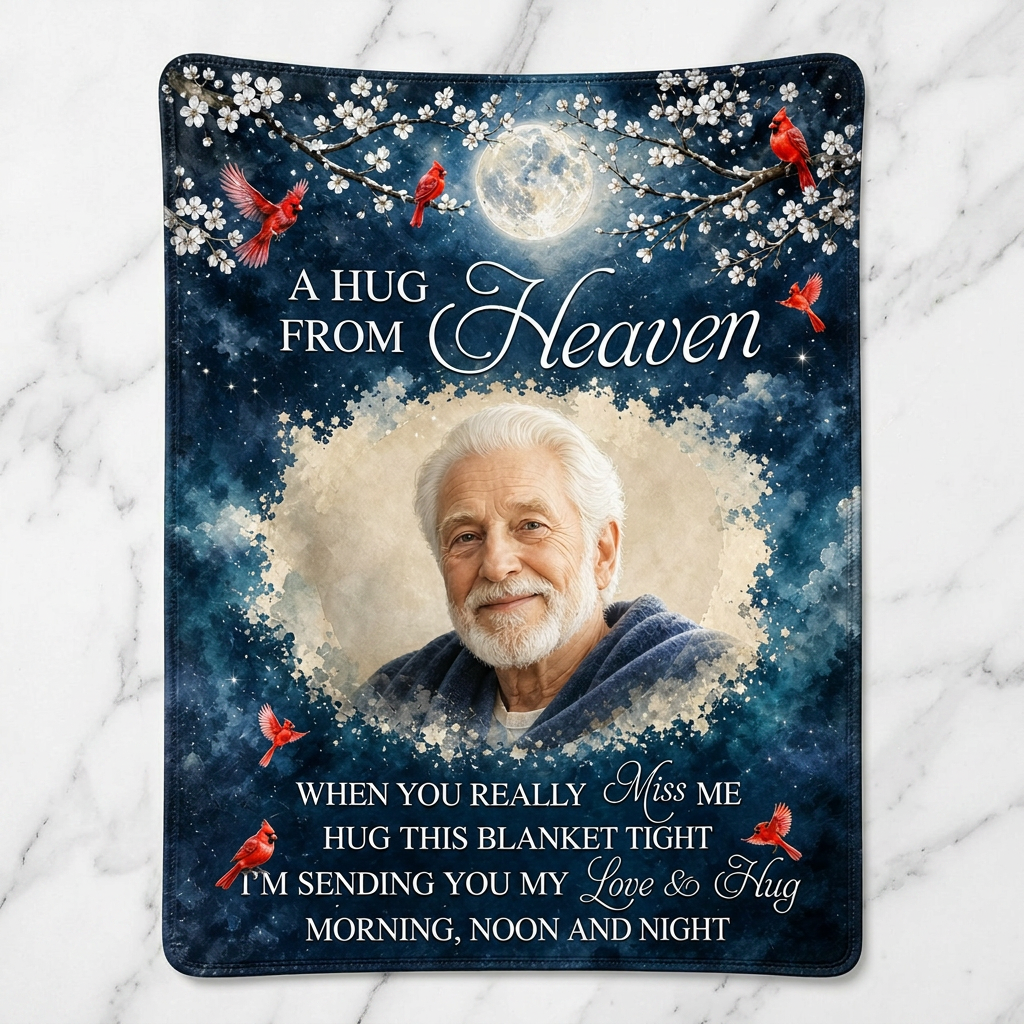 Personalized Photo A Hug From Heaven Memorial Fleece Blanket, Sympathy Gift for Loss of Dad Grandpa - Image 3