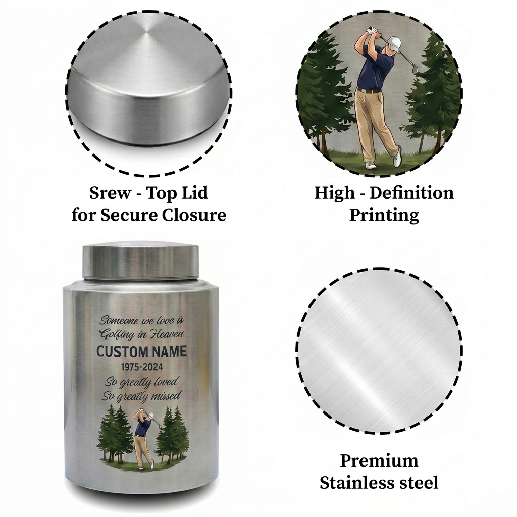 Personalized Golf Player Silhouette Stainless Steel Cremation Urn for Loved One Adult Male Female, Golfer Tribute Ashes Container UV Printed, Memorial Keepsake Urn, Memorial Gift, In Loving Memory - Image 3