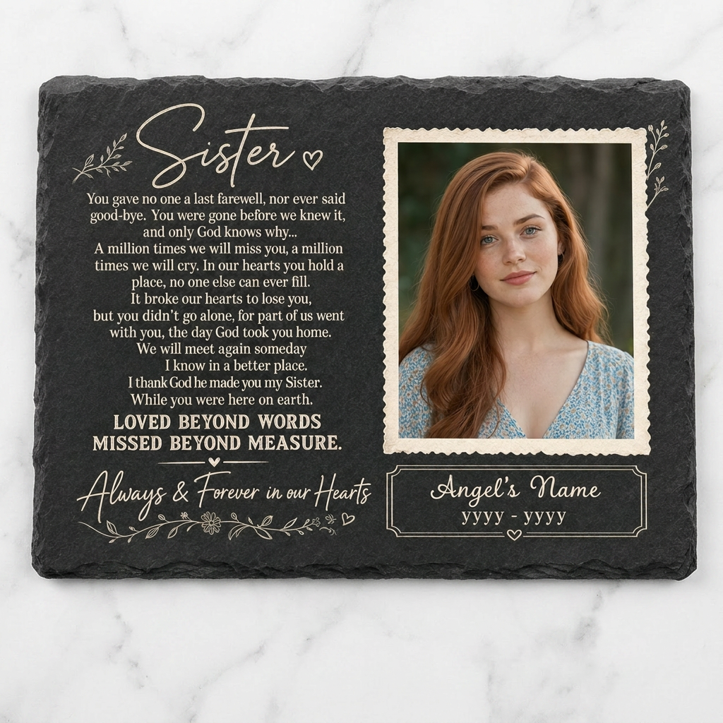Personalized Sister Memorial Garden Stone – Photo Slate Plaque Gift for Loss of Sister - Image 3