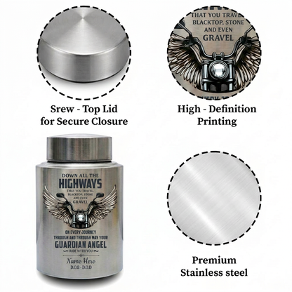 Personalized Motorcycle Riding In Heaven Guardian Angel Stainless Steel Cremation Ash Holder For Adult Male Dad Biker Large UV Print Memorial Keepsake Urn, Memorial Gift, In Loving Memory - Image 3