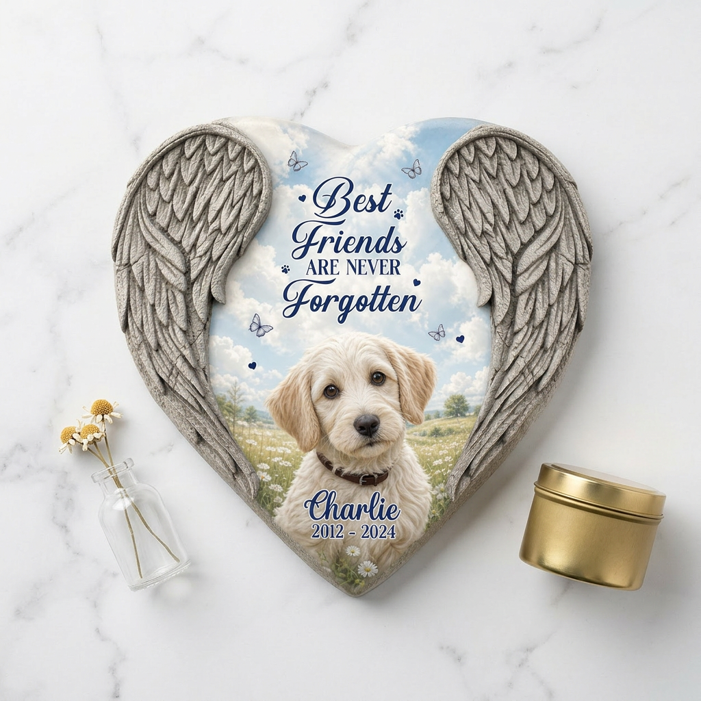 Personalized Heart Shaped Pet Memorial Garden Stone – Angel Wing Dog Loss Gift - Image 3