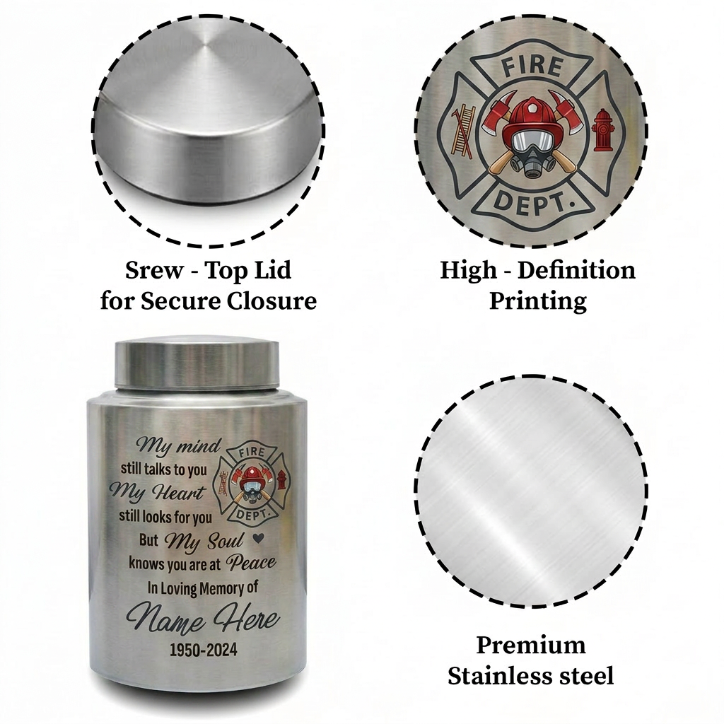 Personalized Firefighter Fireman UV Printed Stainless Steel Urns for Human Ashes Adult Custom Name Date First Responder Sympathy Tribute Memorial Keepsake Urn, Memorial Gift, In Loving Memory - Image 3