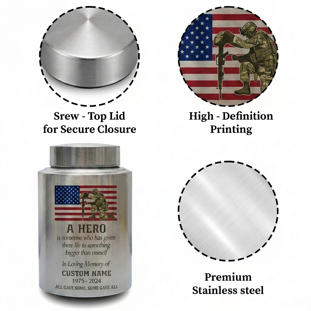 Personalized Military Veteran Hero Quote Stainless Steel Urn for Soldier Army Armed Forces Tribute Funeral Service Bereavement Small Large Memorial Keepsake Urn, Memorial Gift, In Loving Memory - Image 3