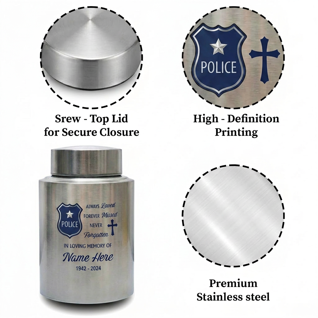 Personalized Police Officer Shield Badge Cross Stainless Steel UV Printed Law Enforcement Tribute Ash Holder Large Small Sizes Memorial Keepsake Urn, Memorial Gift, In Loving Memory - Image 3
