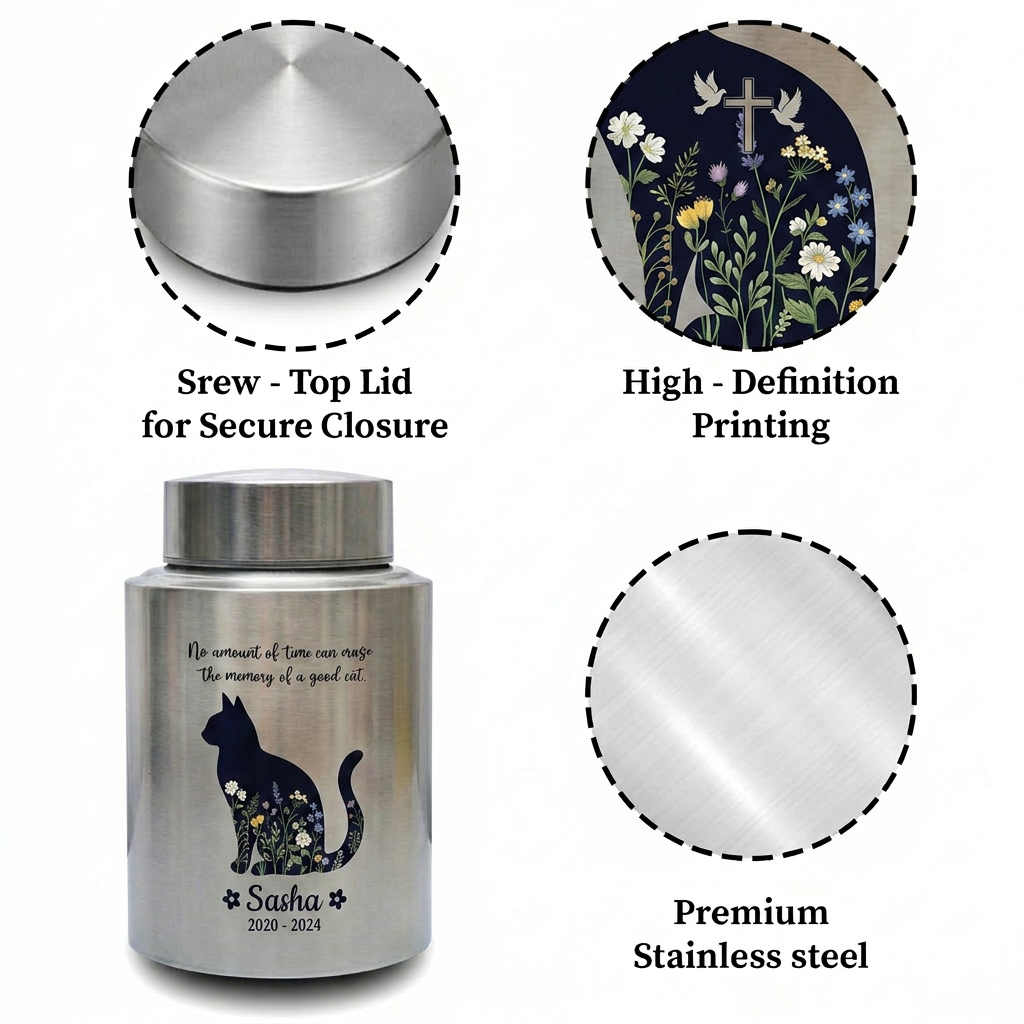 Personalized Cat Pet Memorial Stainless Steel Urns for Ashes Feline Loss of Pet Sympathy Bereavement Large Capacity UV Printed Memorial Keepsake Urn, Memorial Gift, In Loving Memory - Image 3