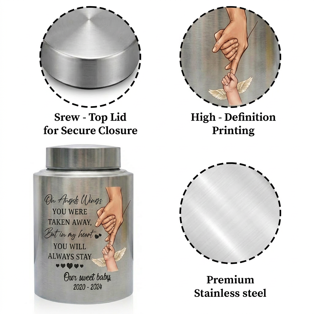 Personalized Baby Angel Wings Hand Infant Loss UV Printed Metal Cremation Ashes Container Child Bereavement Miscarriage Grief Parent Memorial Keepsake Urn, Memorial Gift, In Loving Memory - Image 3