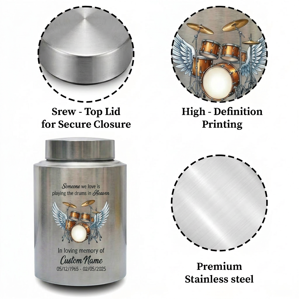 Personalized Drum Music Lover Stainless Steel Cremation Urn, Customizable Burial Ash Receptacle For Adult Male Female Musician Loved One, Memorial Keepsake Urn, Memorial Gift, In Loving Memory - Image 3