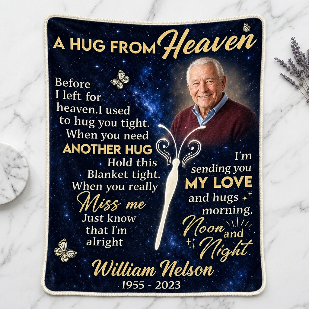 Personalized Memorial Photo Fleece Blanket - A Hug From Heaven Sympathy Gift for Loss of Dad - Image 3