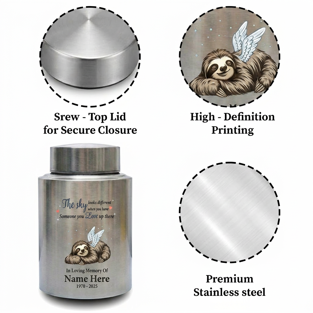 Personalized Sloth Cremation Urn UV Printed Stainless Steel Ash Holder The Sky Looks Different Quote For Animal Lovers Adult Pet Ashes Memorial Keepsake Urn, Memorial Gift, In Loving Memory - Image 3