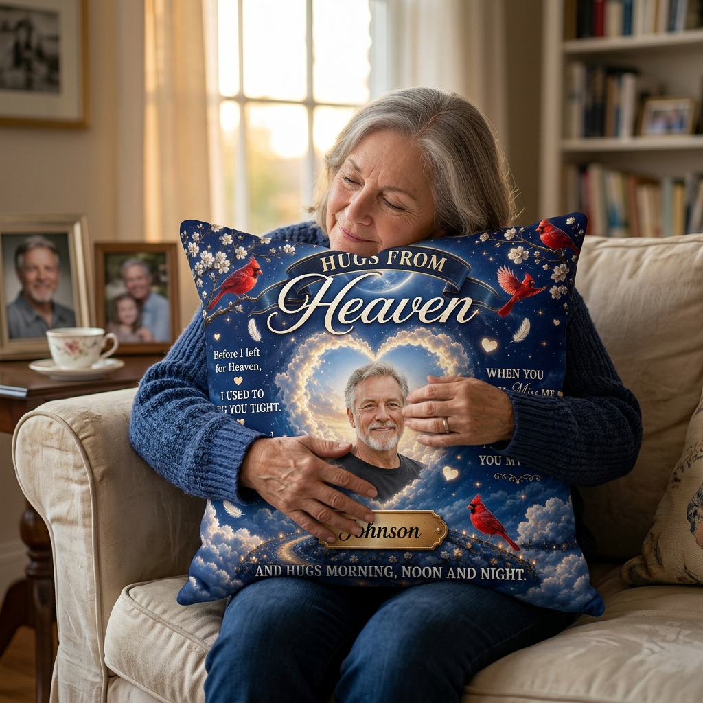 Personalized Hugs From Heaven Memorial Photo Pillow with Cardinal Birds - Sympathy Remembrance Gift - Image 4