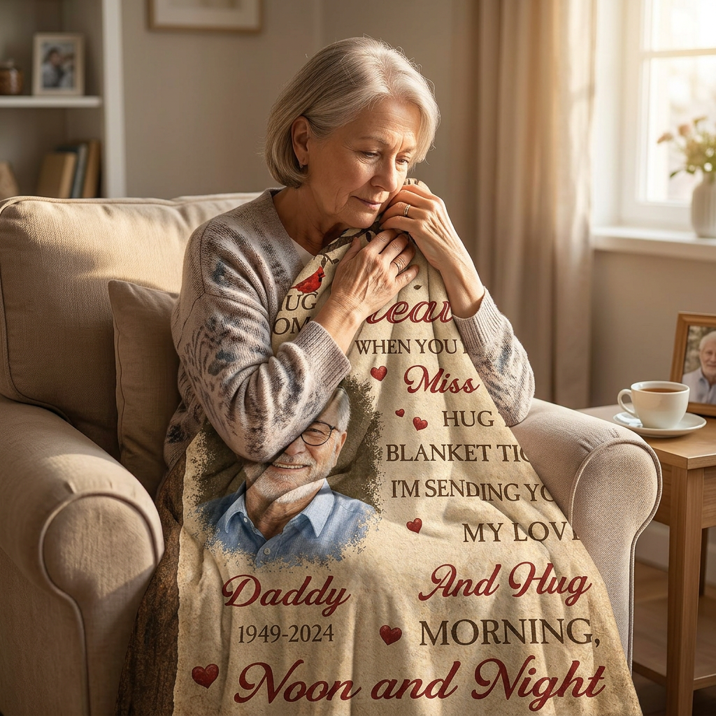 Personalized Memorial Photo Fleece Blanket - A Hug From Heaven Sympathy Gift for Loss of Dad - Image 4