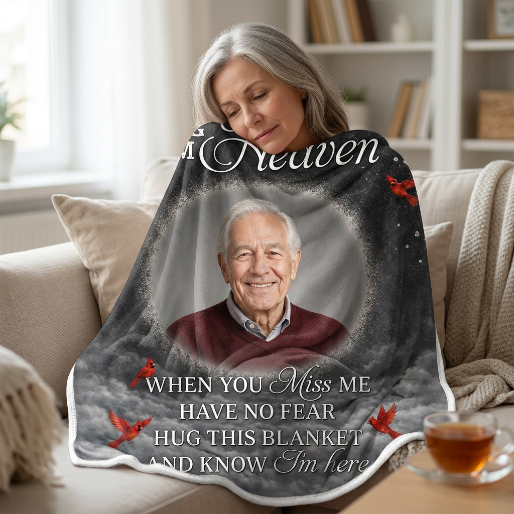 Personalized Photo Memorial Fleece Blanket - A Hug From Heaven Cardinal Sympathy Gift for Dad - Image 4
