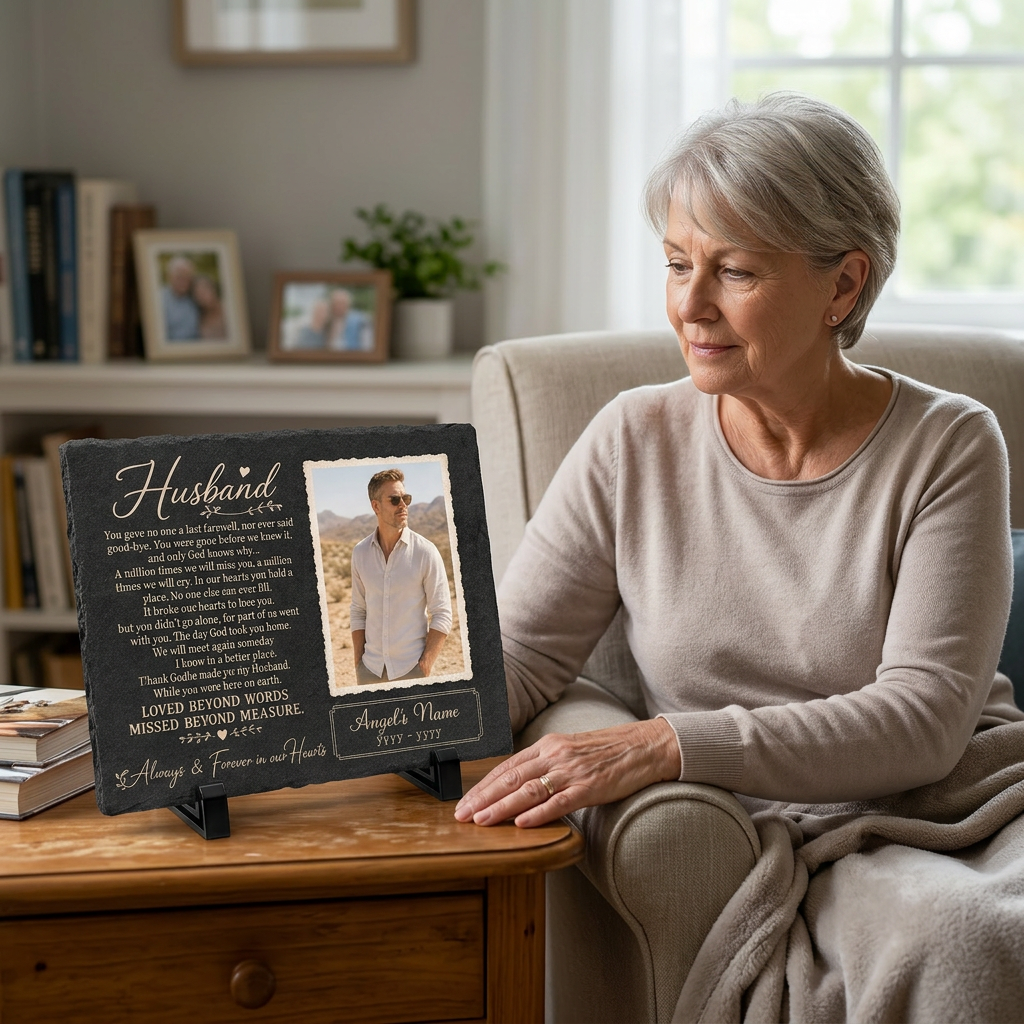 Personalized Photo Husband Memorial Garden Stone – Rectangle Slate – Loss of Husband - Image 4