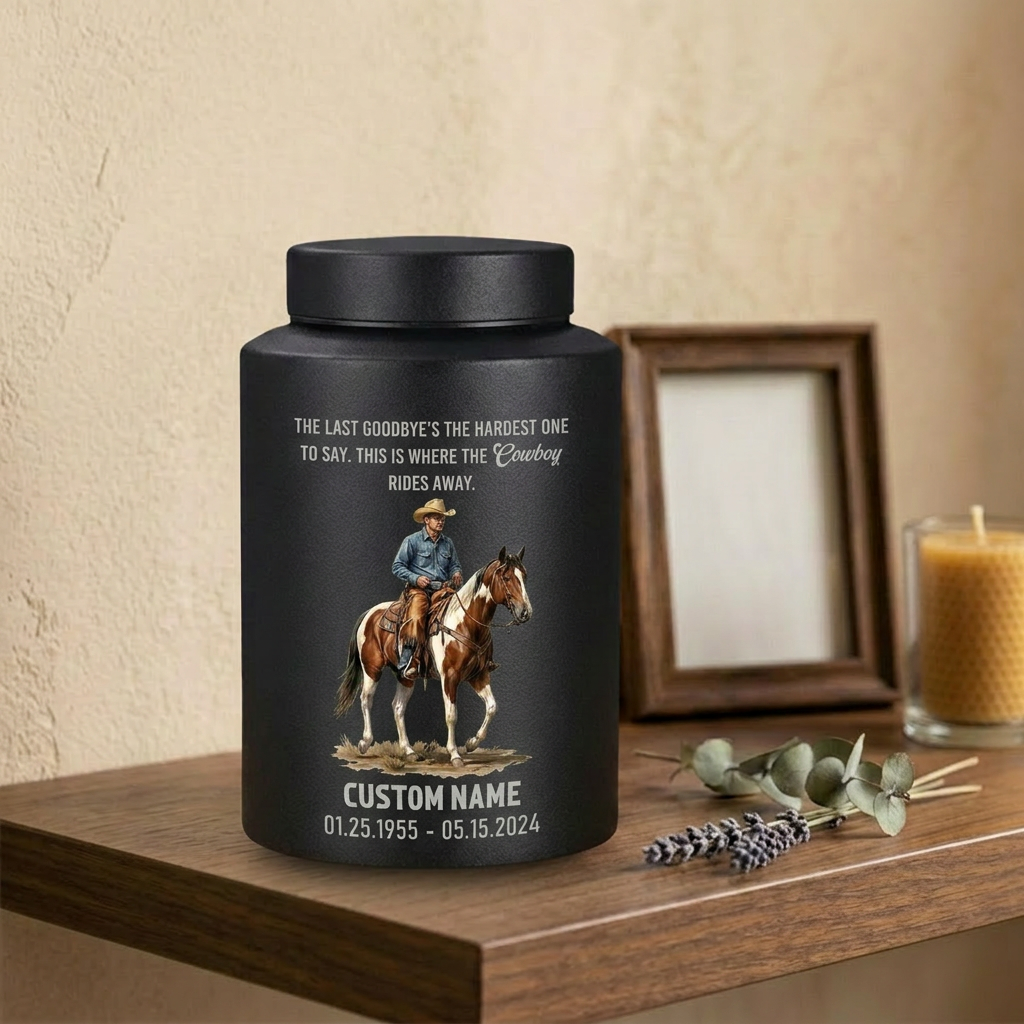 Personalized Cowboy Boots Hat Cross Stainless Steel Urn for Father Grandfather Husband Loss, Adult Human Ashes Funeral Display, Large Two Sizes, Memorial Keepsake Urn, Memorial Gift, In Loving Memory - Image 4
