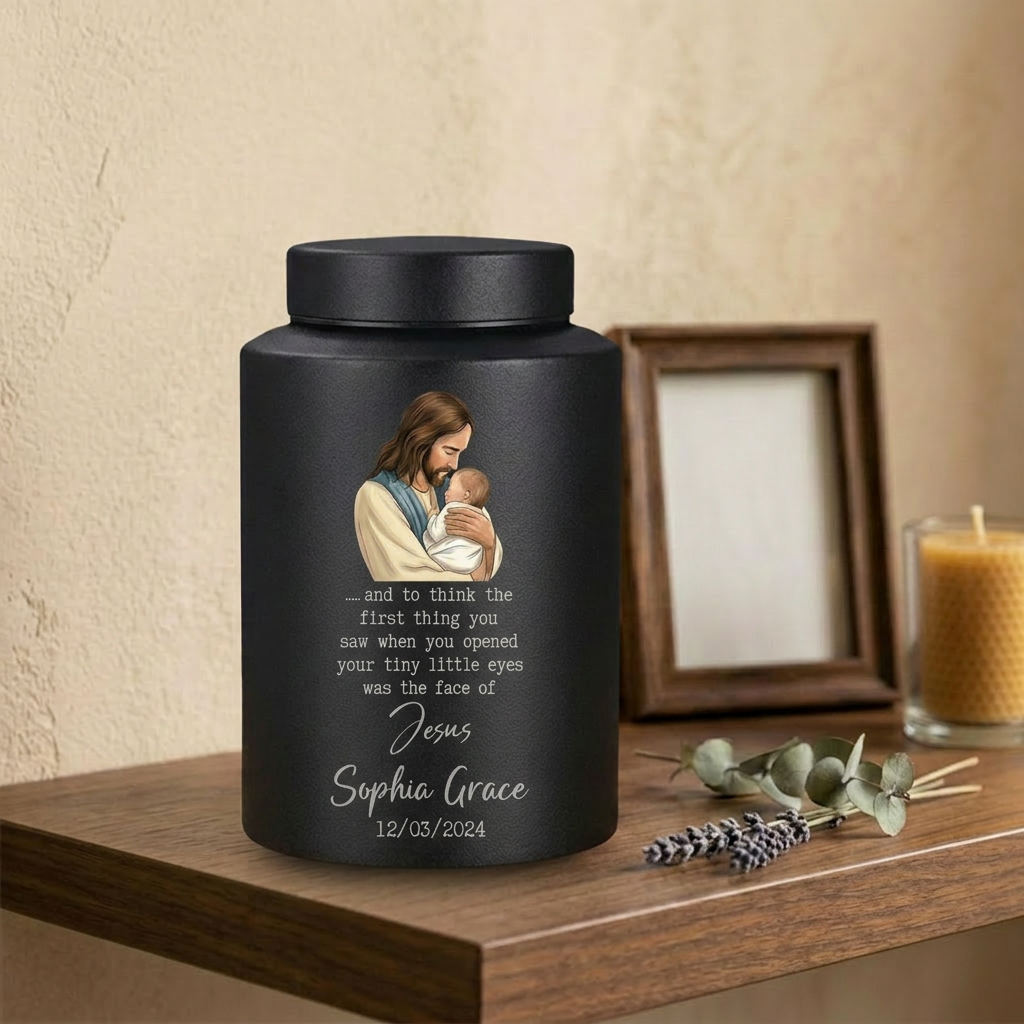 Personalized Baby of Jesus Infant Loss UV Printed Stainless Steel Urn for Child Boy Girl Miscarriage Bereavement Large Two Sizes Memorial Keepsake Urn, Memorial Gift, In Loving Memory - Image 4