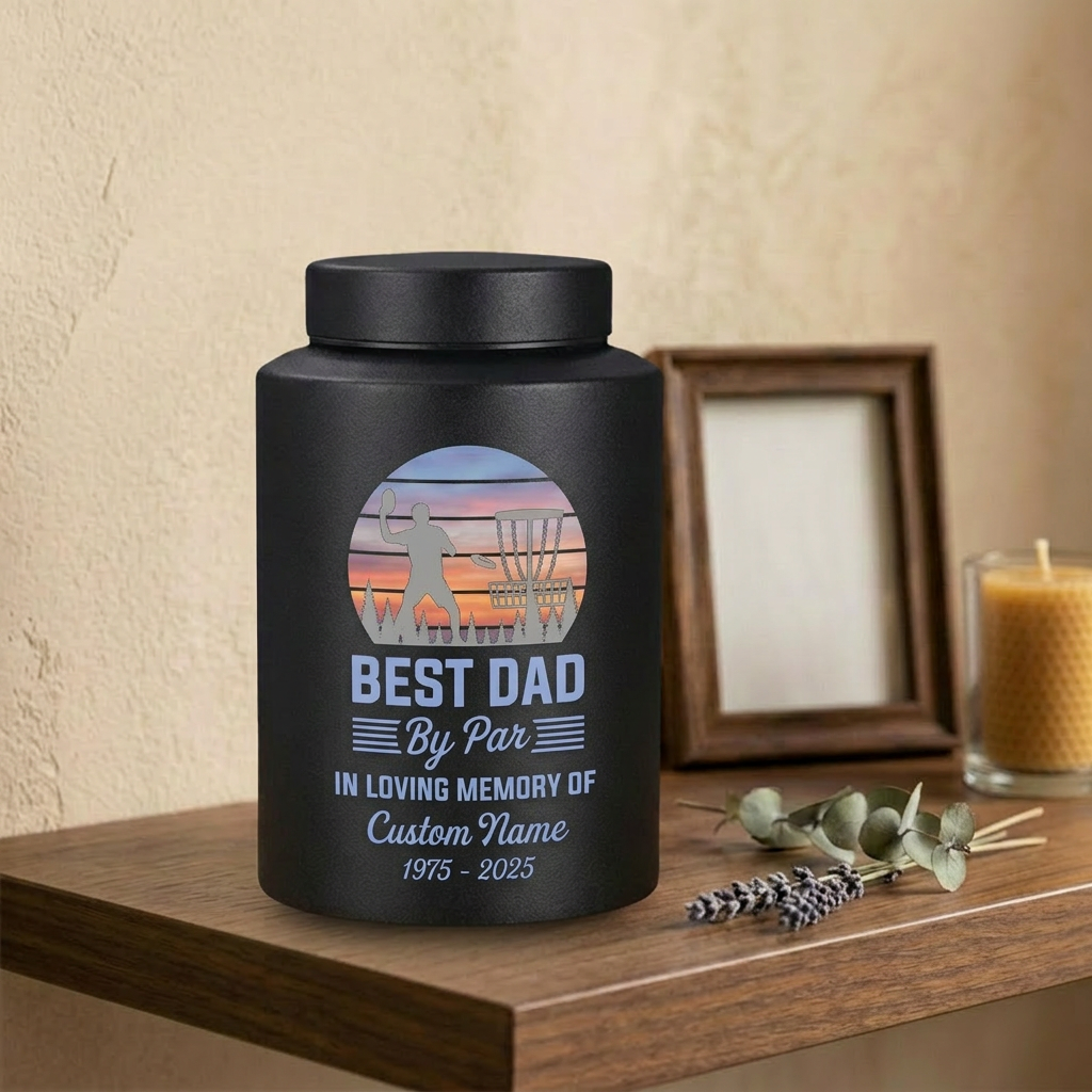 Personalized Disc Golf Dad By Par Sunset UV Printed Stainless Steel Cremation Vessel for Father Loss Sympathy Adult Ashes Small Large Sizes Memorial Keepsake Urn, Memorial Gift, In Loving Memory - Image 4