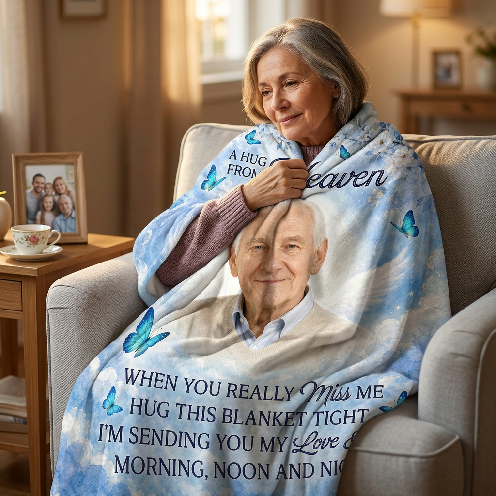 Personalized Memorial Photo Fleece Blanket - A Hug From Heaven Sympathy Remembrance Gift - Image 4