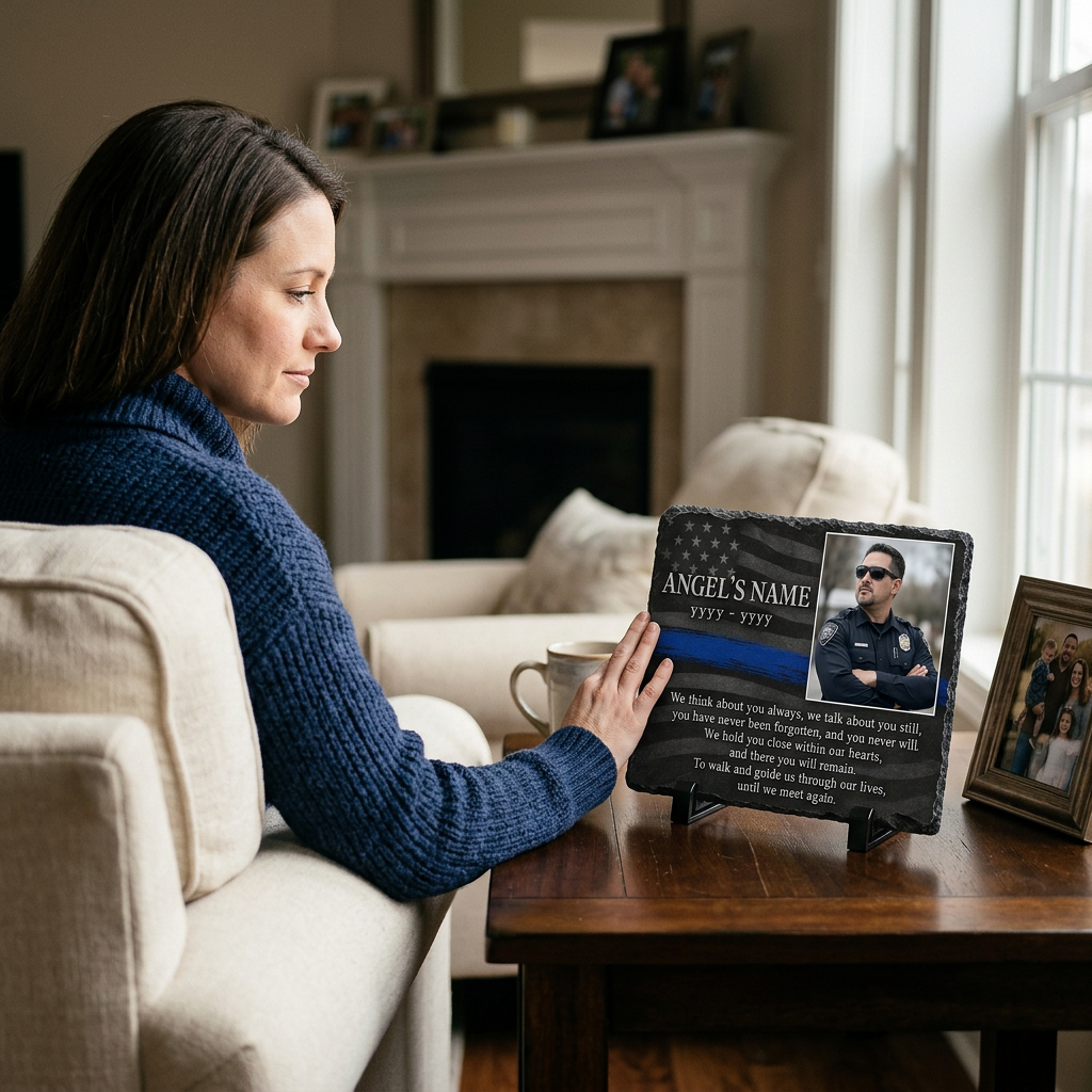Personalized Police Officer Memorial Photo Slate – Thin Blue Line Sympathy Gift - Image 4